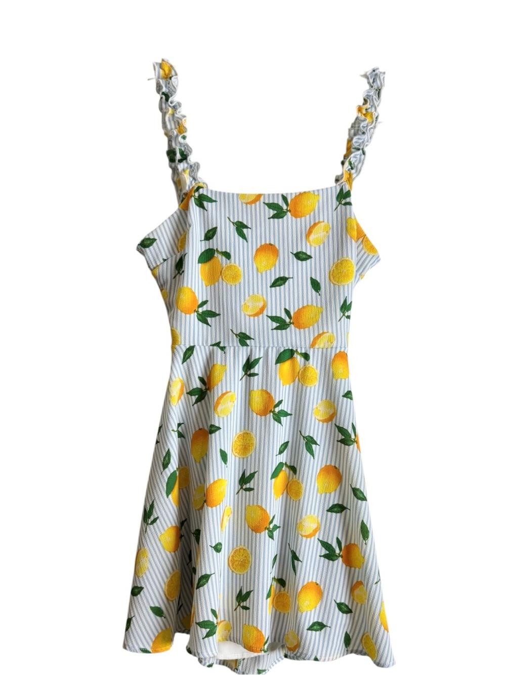 A’Gaci Lemon Print Striped Ruffle Strap Cut Out Back Sundress Size S